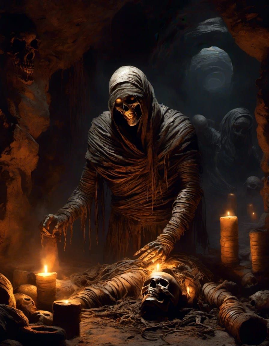 Eerie Mummy in Gloomy Underground Chamber