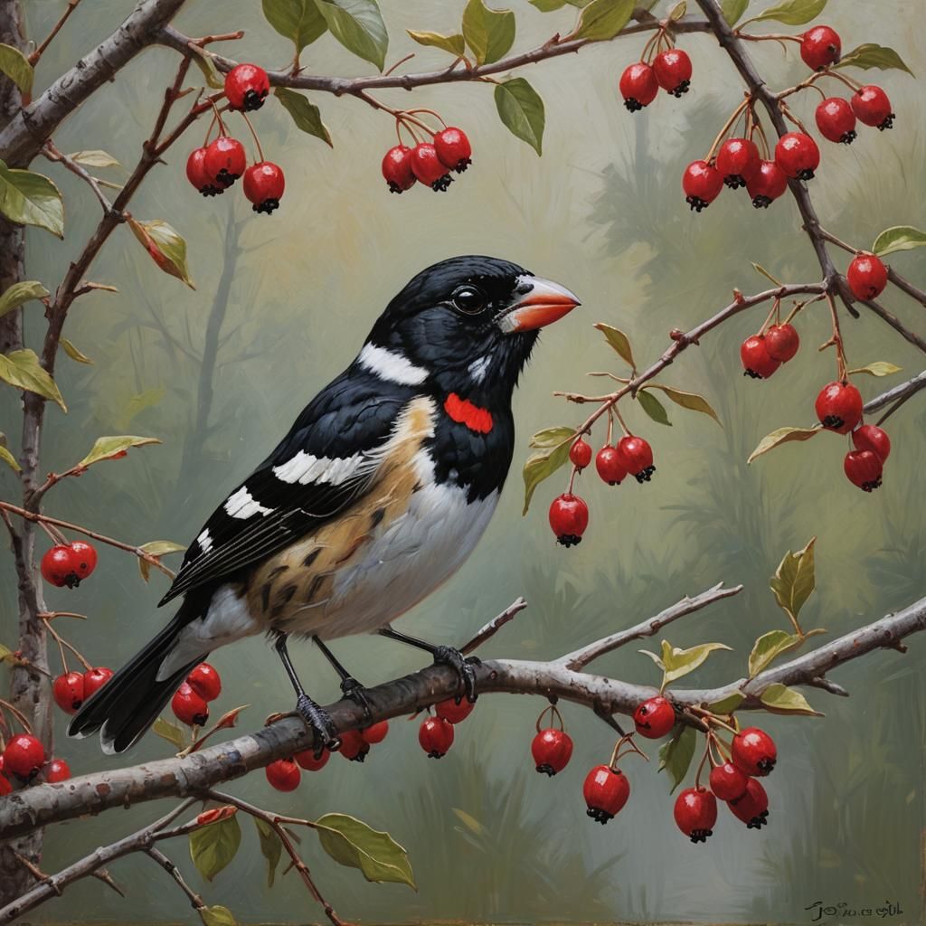 Rose-Breasted Grosbeak with Berries: Oil Painting