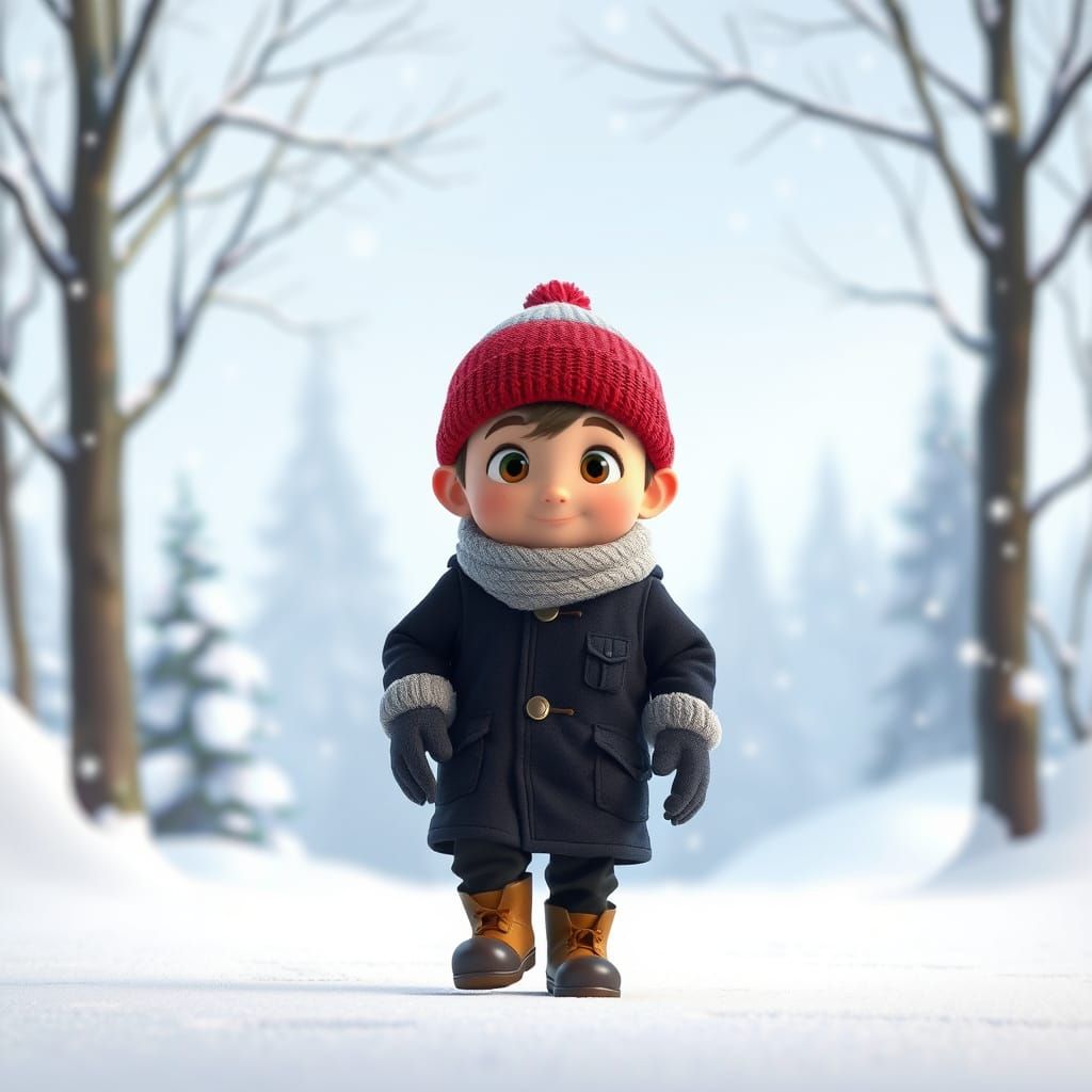8-Year-Old Boy in Winter Gear, 3D Cartoon Style