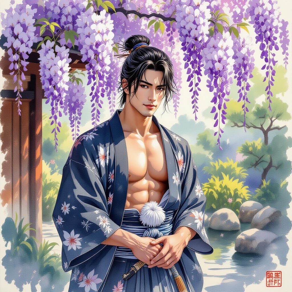 Japanese Man in Garden with Wisteria Blossoms, Ukiyo-e Style