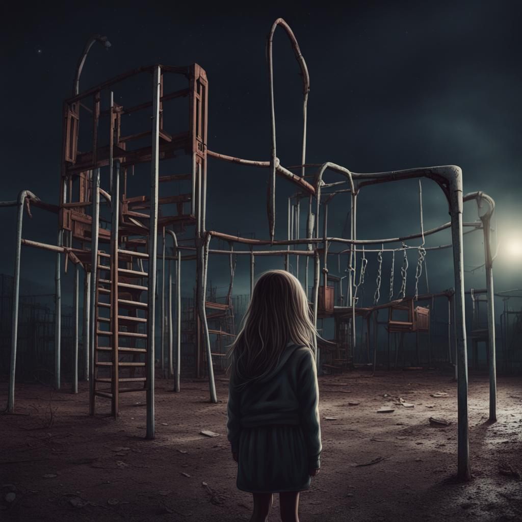 Eerie Girl in Abandoned Playground at Night