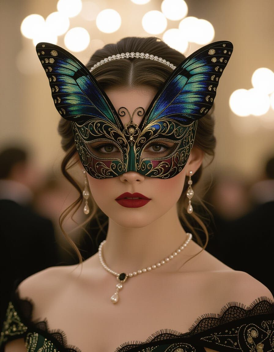 Woman in Butterfly Mask at Masquerade Ball