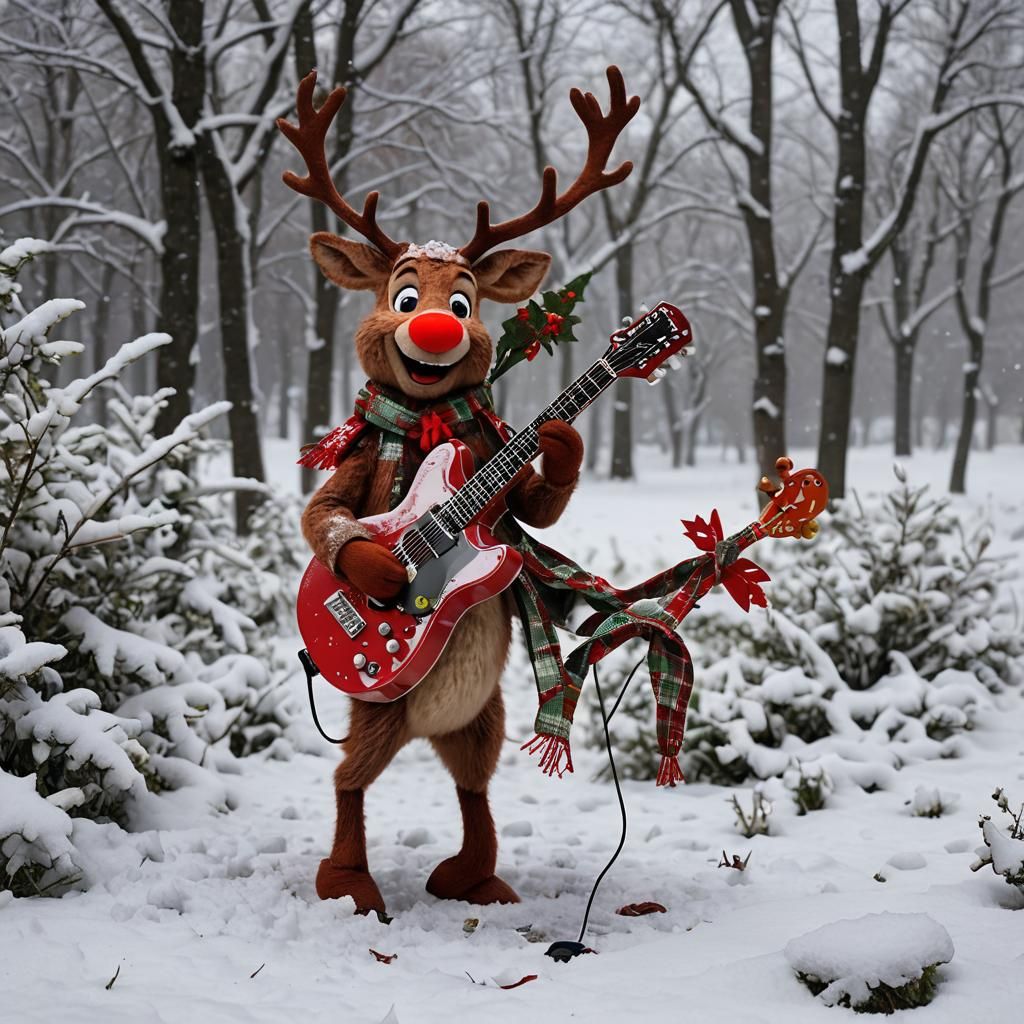 Rudolf Plays Guitar in the Snow at Christmas