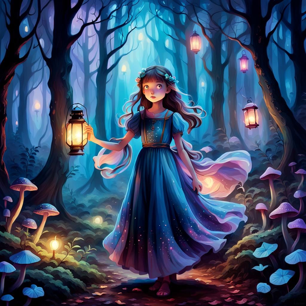 Mystical Forest Girl with Lantern, Art Nouveau Style