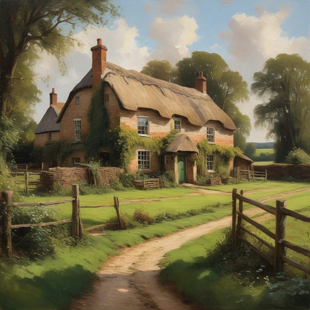 Impressionistic Oil Painting of a Rustic Farmhouse at Golden...