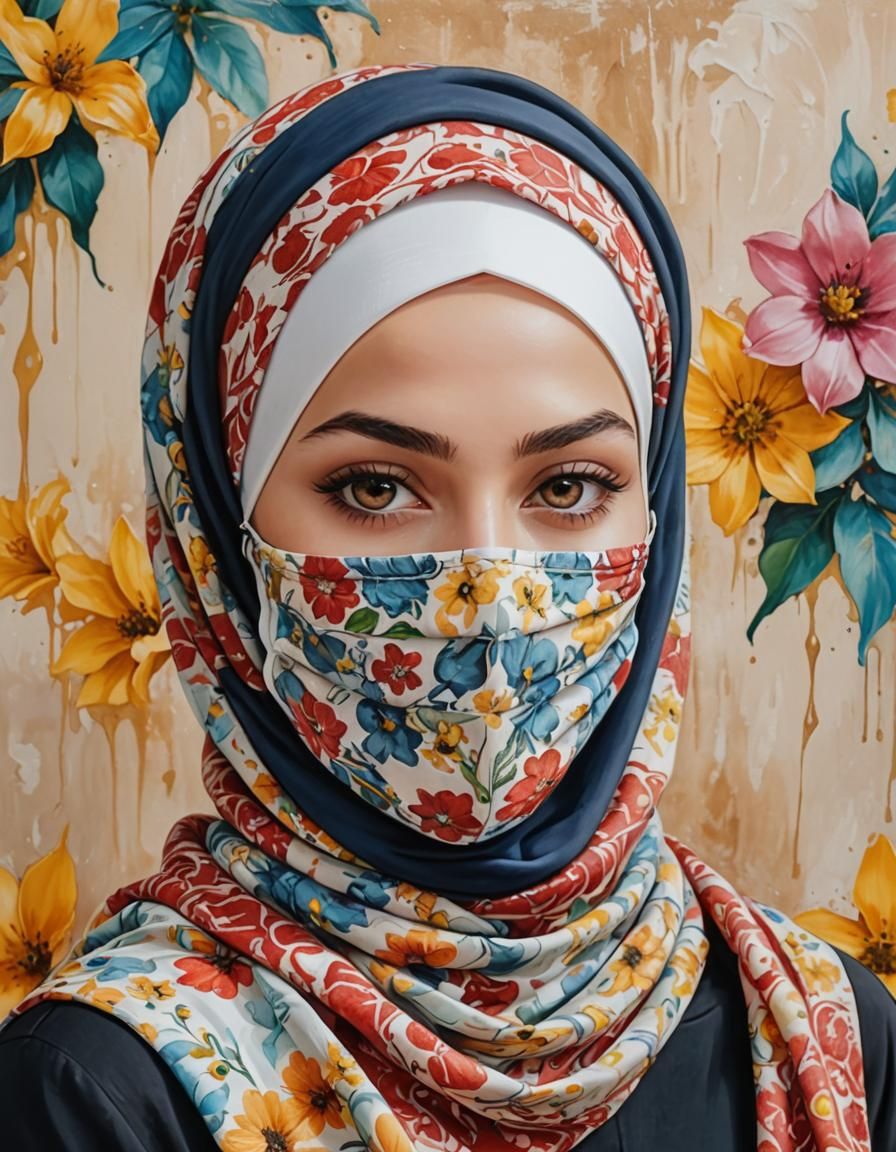 Lovely Hijabi Woman in Oil-Gouache Melting Painting