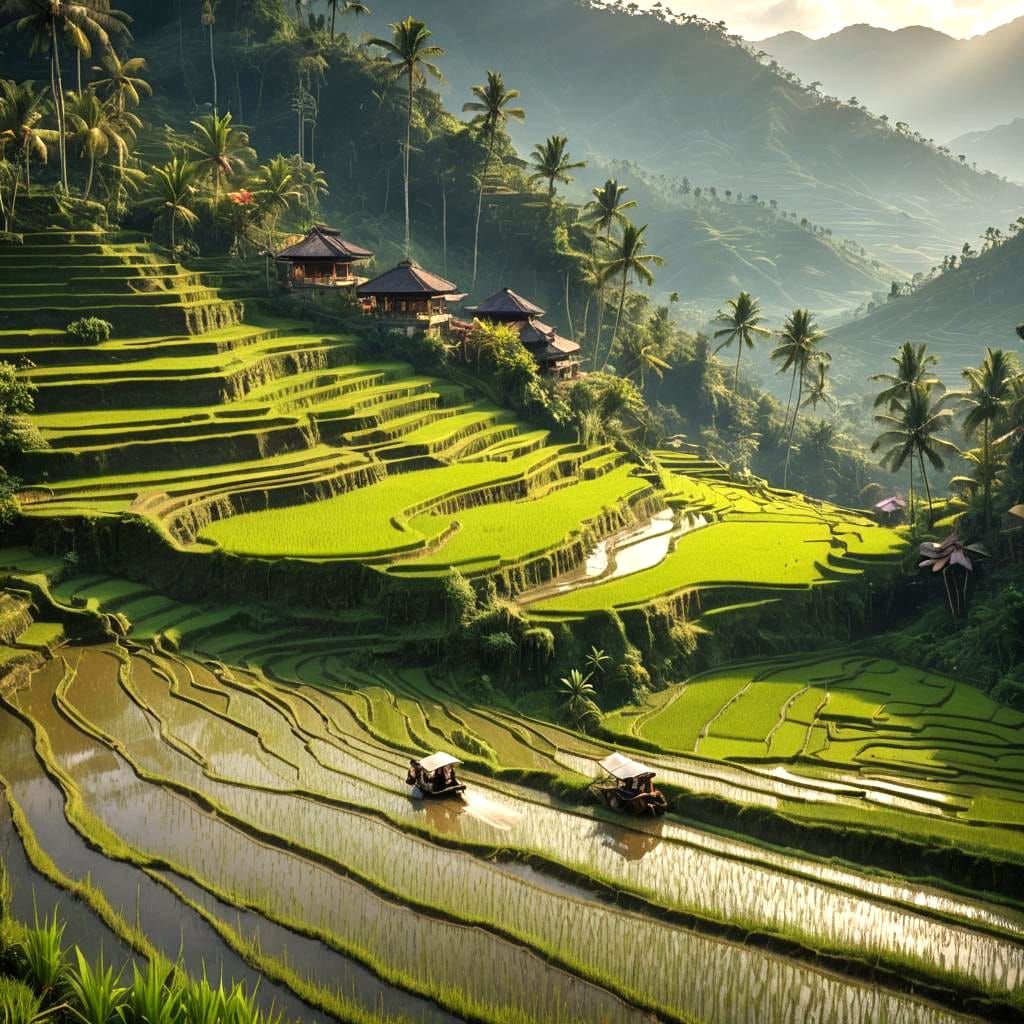 Balinese Rice Field with Buffalo: Detailed Matte Painting