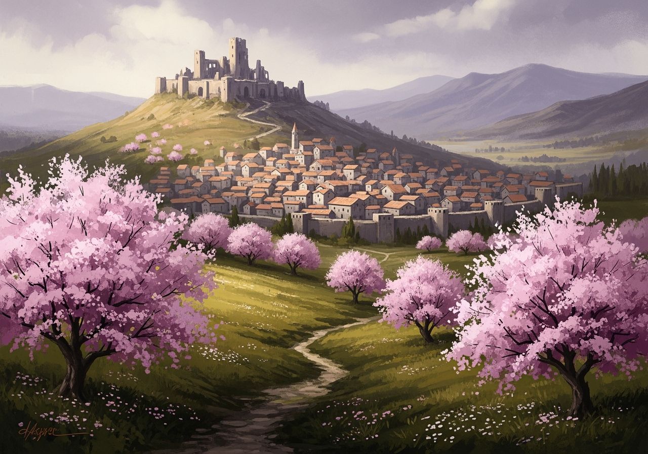 Serene Watercolor Fantasy Landscape with Ancient Fortress