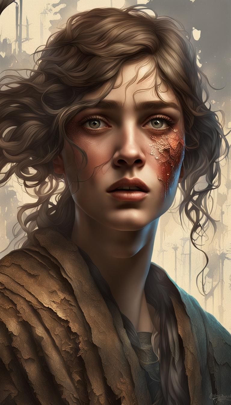 Damaged Girl Portrait in Art Nouveau Style