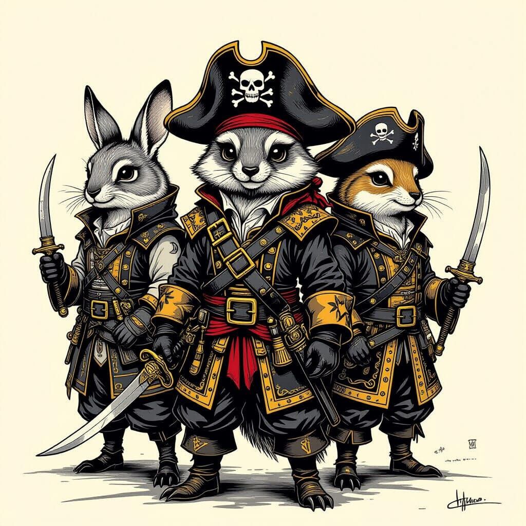 Pirate Animals in Charcoal Style
