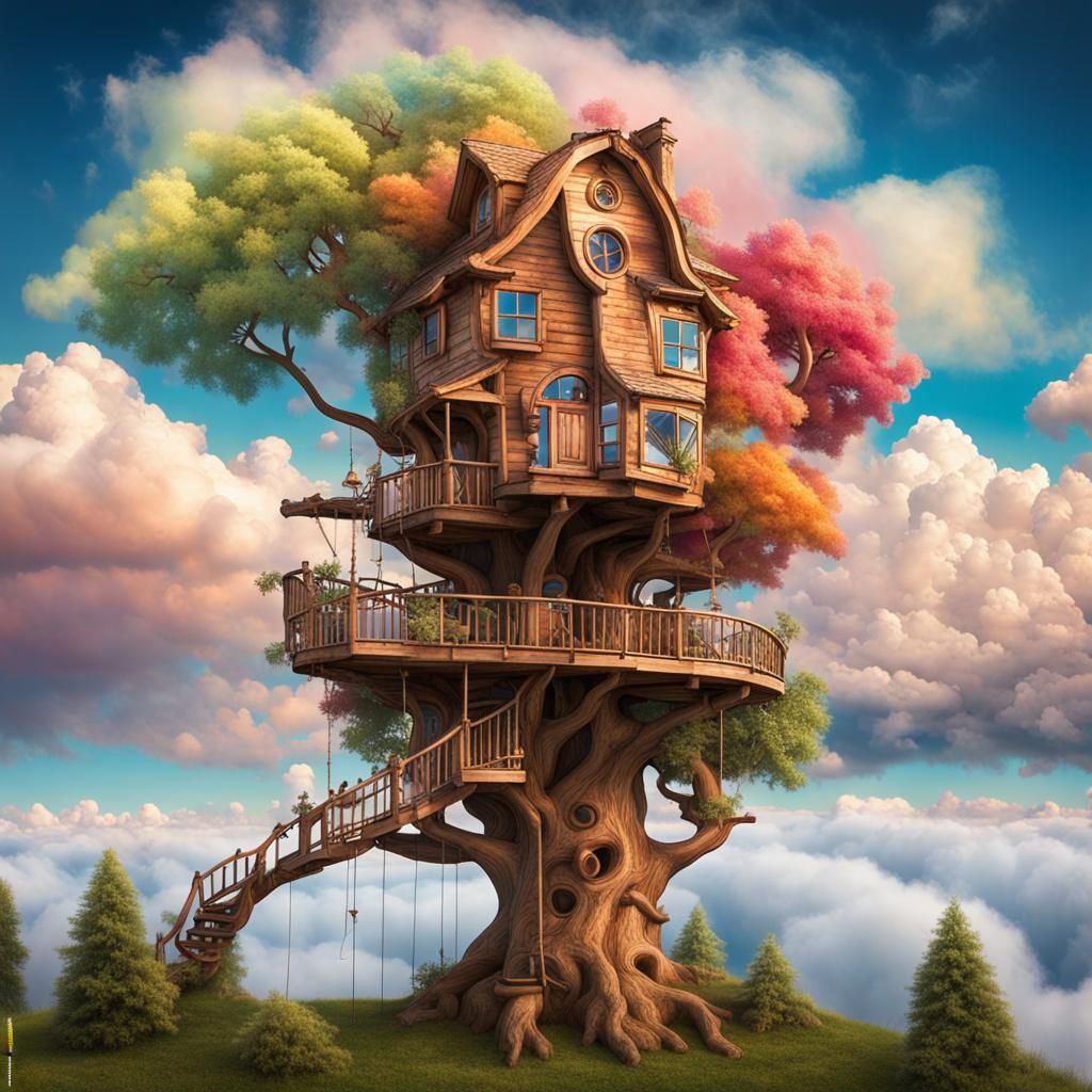 Whimsical Treehouse Reaching for Surreal Sky