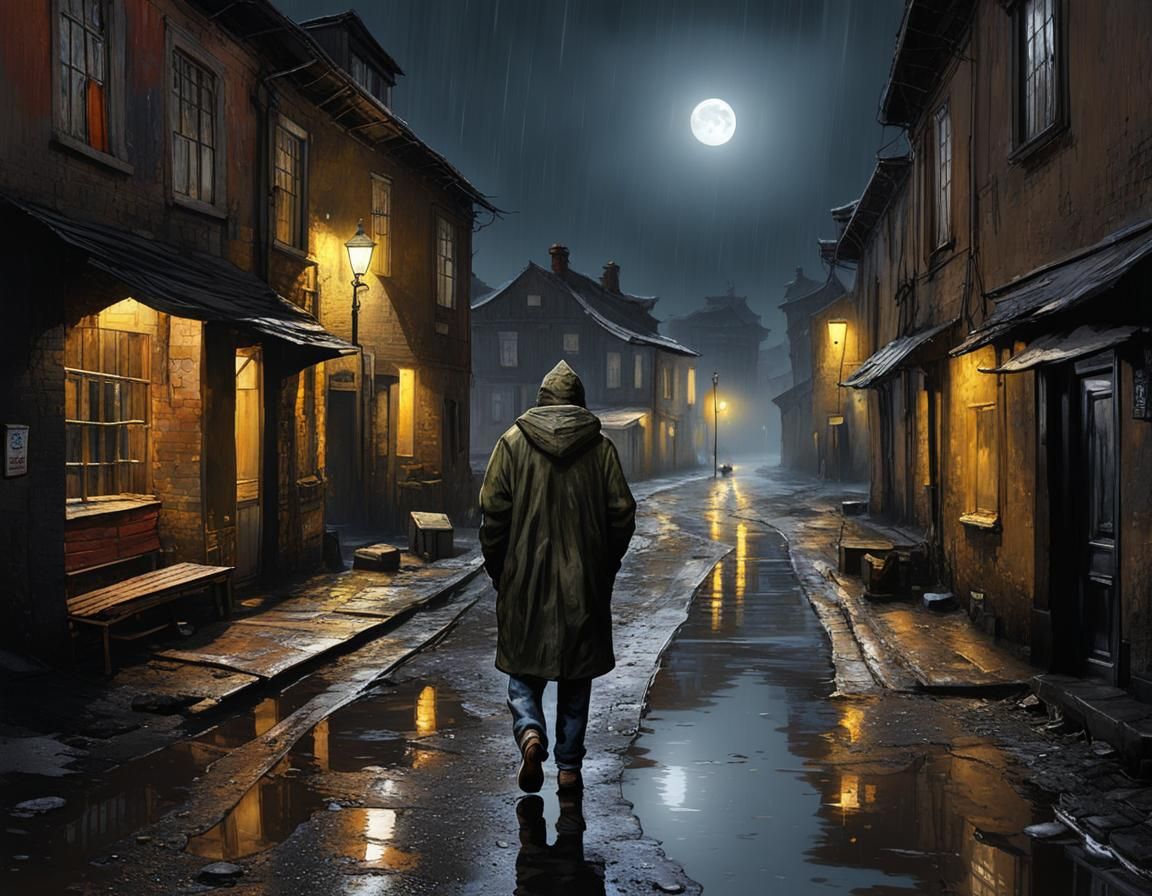 A lonely homeless boy with dirty clothes is walking through the streets of a small village in the rain