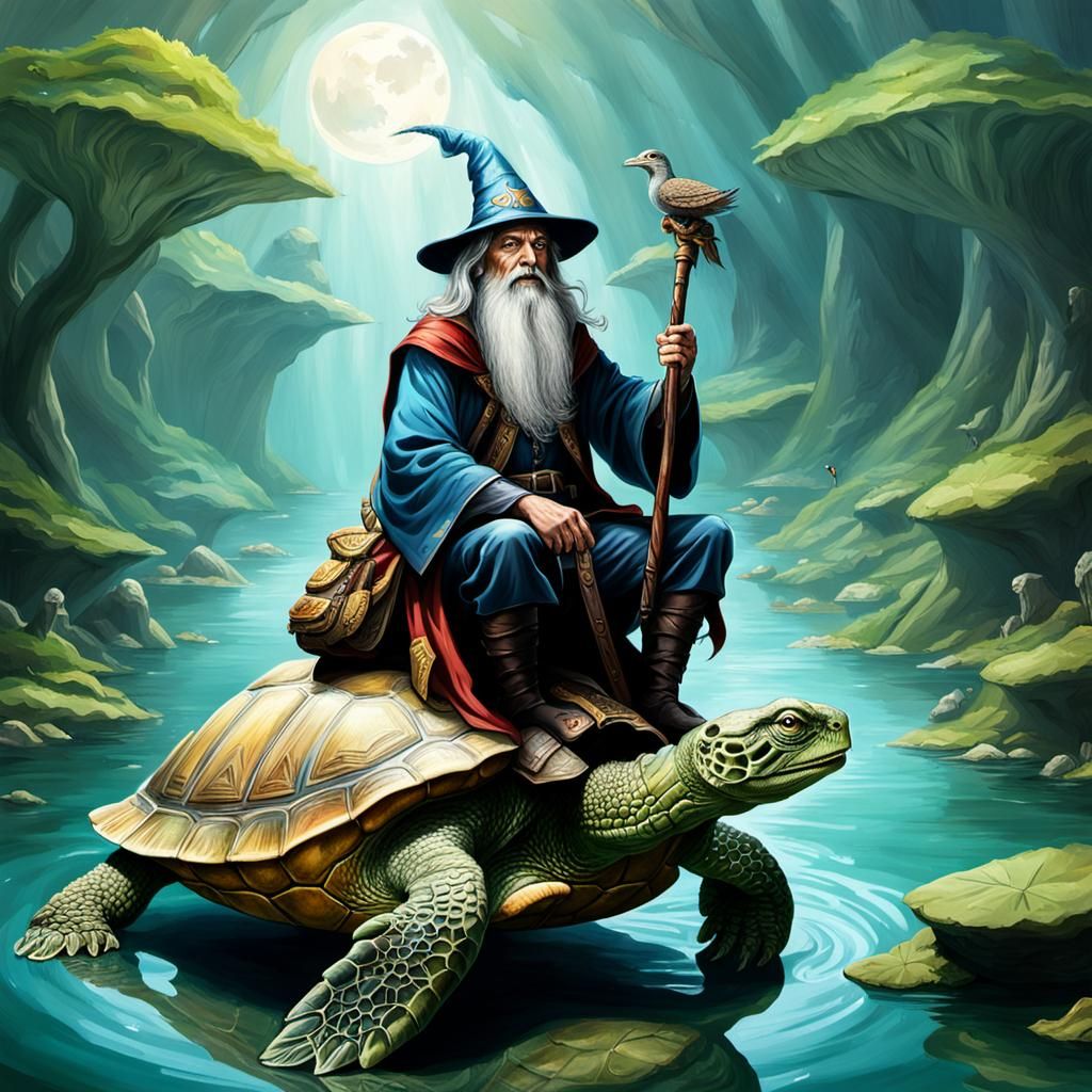 Wizard Rides Turtle on Mystical River