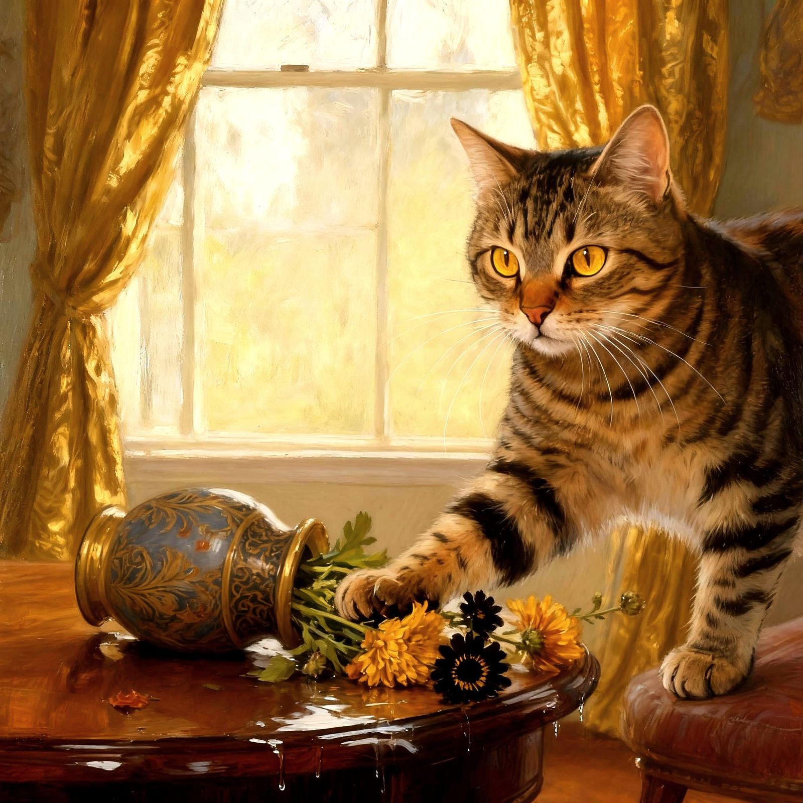Mischievous Tabby Cat Pawing Overturned Autumn Flowers