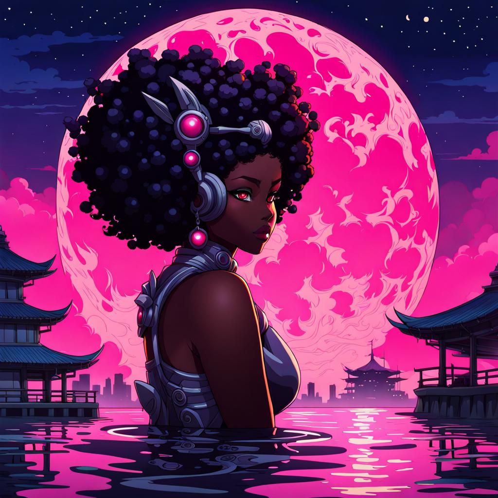Cyberpunk Afrofuturist Nymph Swimming Under Pink Moon