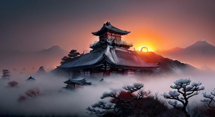 Dystopian Japanese Winter Landscape with Sunrise