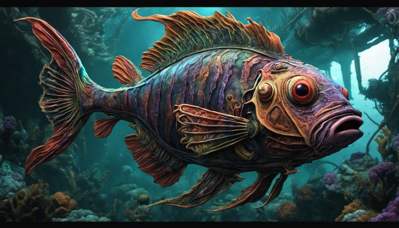Neon Alien Fish in Deep Sea, Biopunk Style