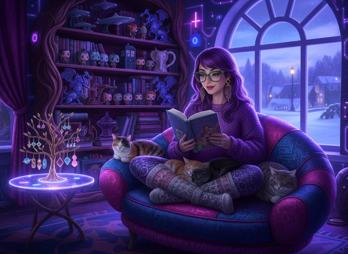 Woman Reading with Cats on Whimsical Couch