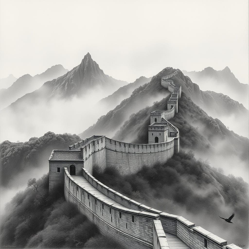 Hyperdetailed Charcoal Drawing of Great Wall of China
