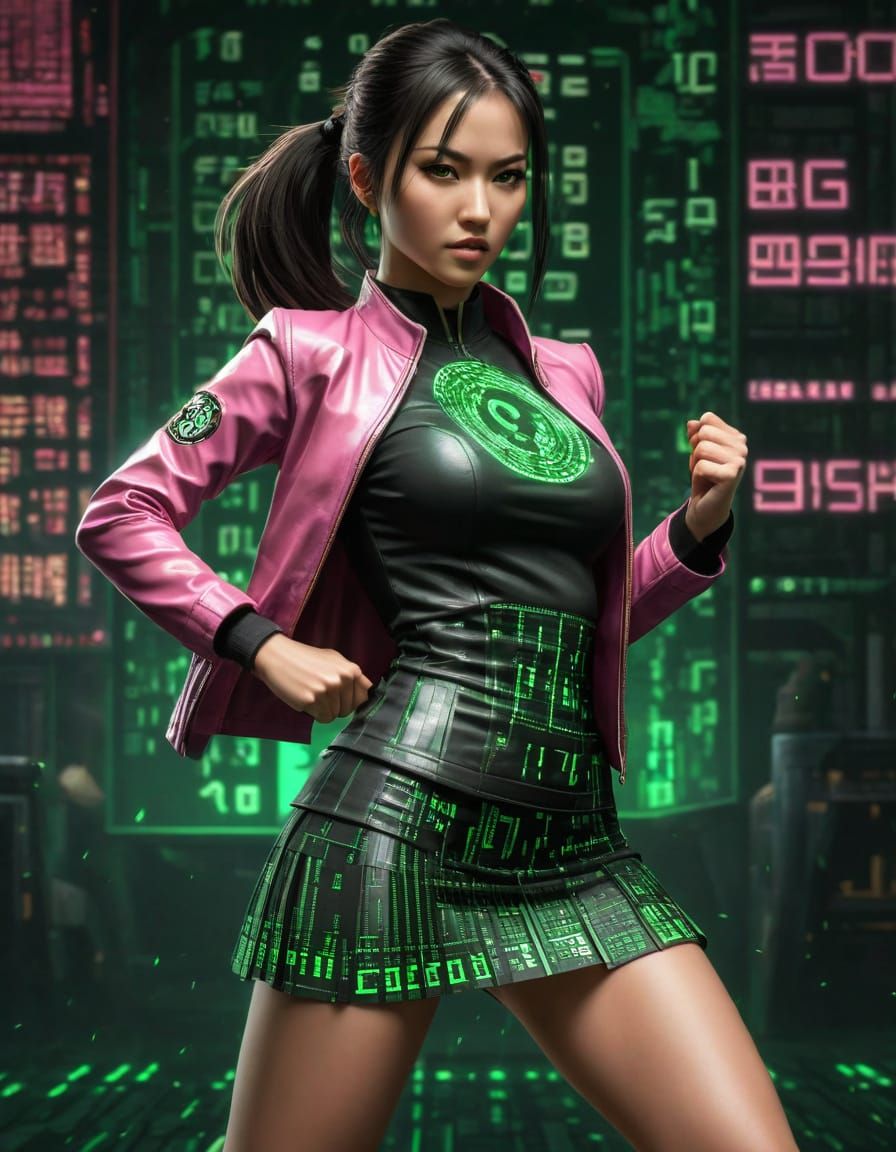 Pixel Art Woman with Matrix Code in Mortal Kombat Style