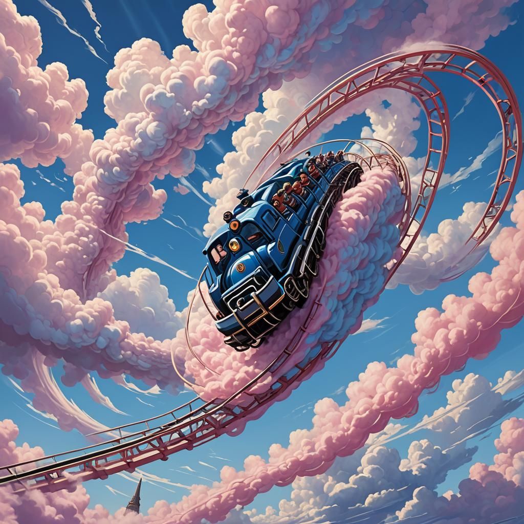 Silver Roller Coaster in Cotton Candy Clouds: Comic Art