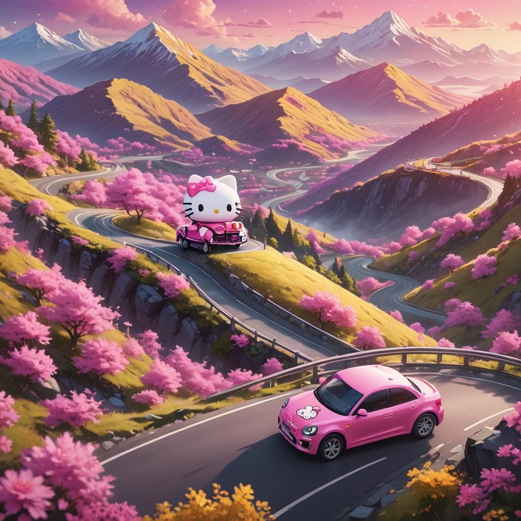 Hello Kitty Drives a Pink Car in Kawaii Style