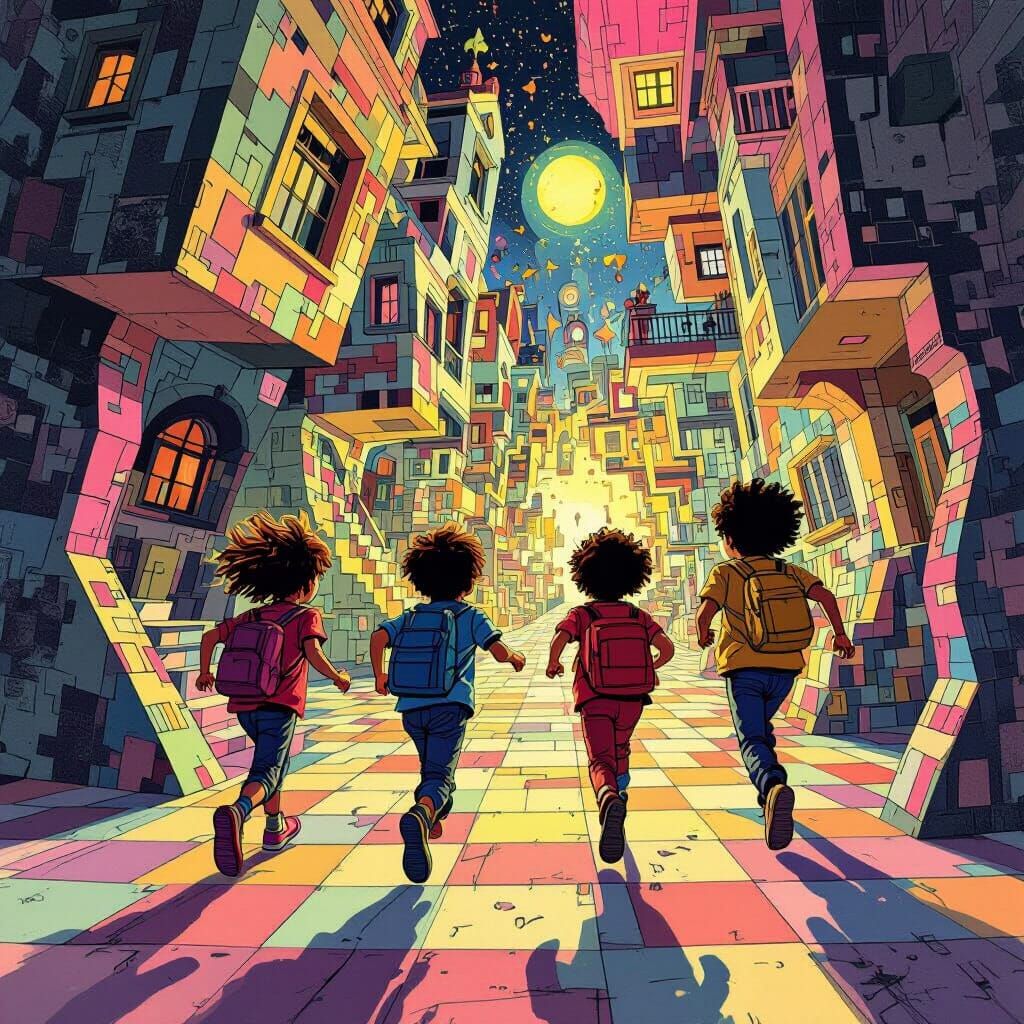 Children Explore Impossible Escher-like House in Surreal Glo...