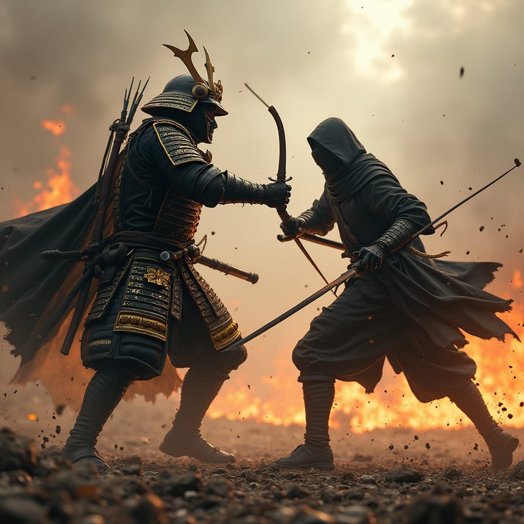 Samurai vs. Assassin in Blazing Battlefield, Hyper-Realistic...