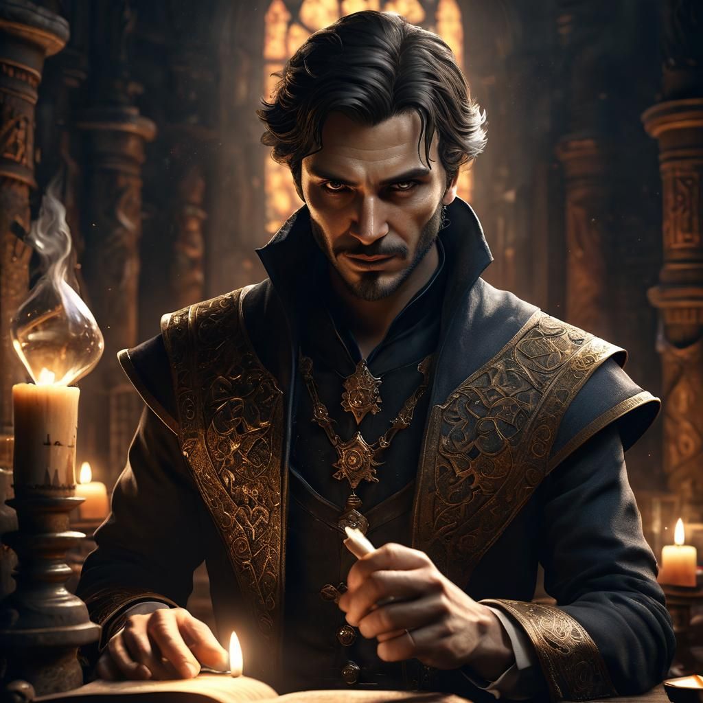 Villainous Magician Portrait in Dark Academia Style