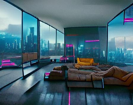 Cyberpunk Living Room of 2050 with Neon Lighting