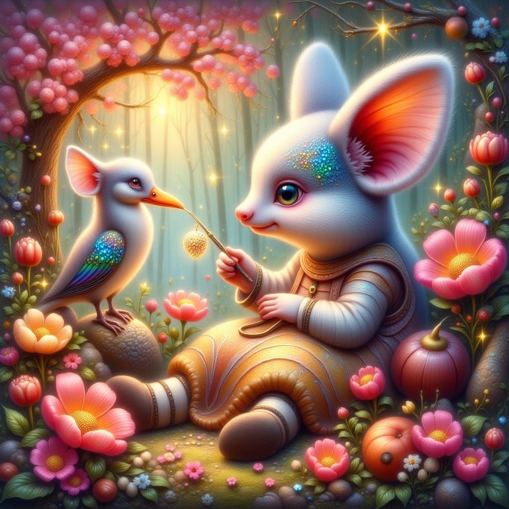 Whimsical Floral Scene with Faerie in Pastel Hues