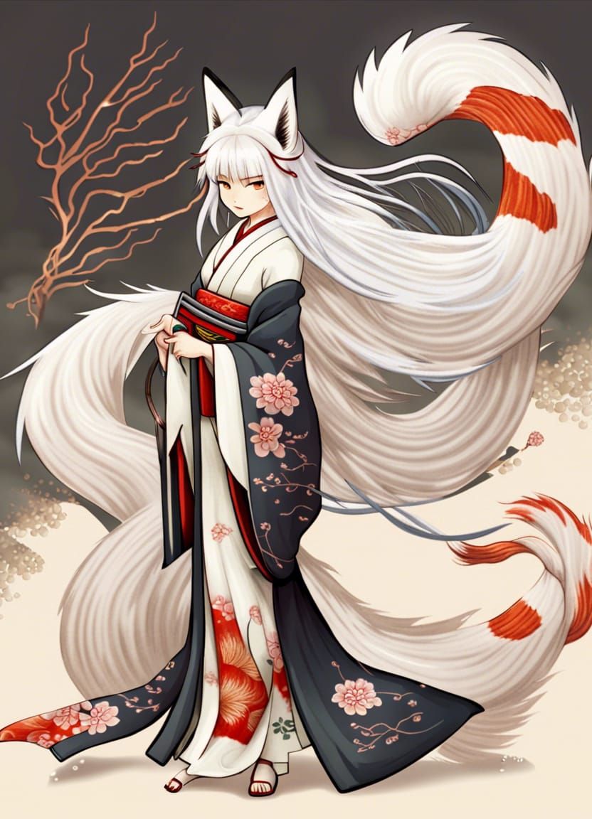 Kitsune with Multiple Tails in Kimono