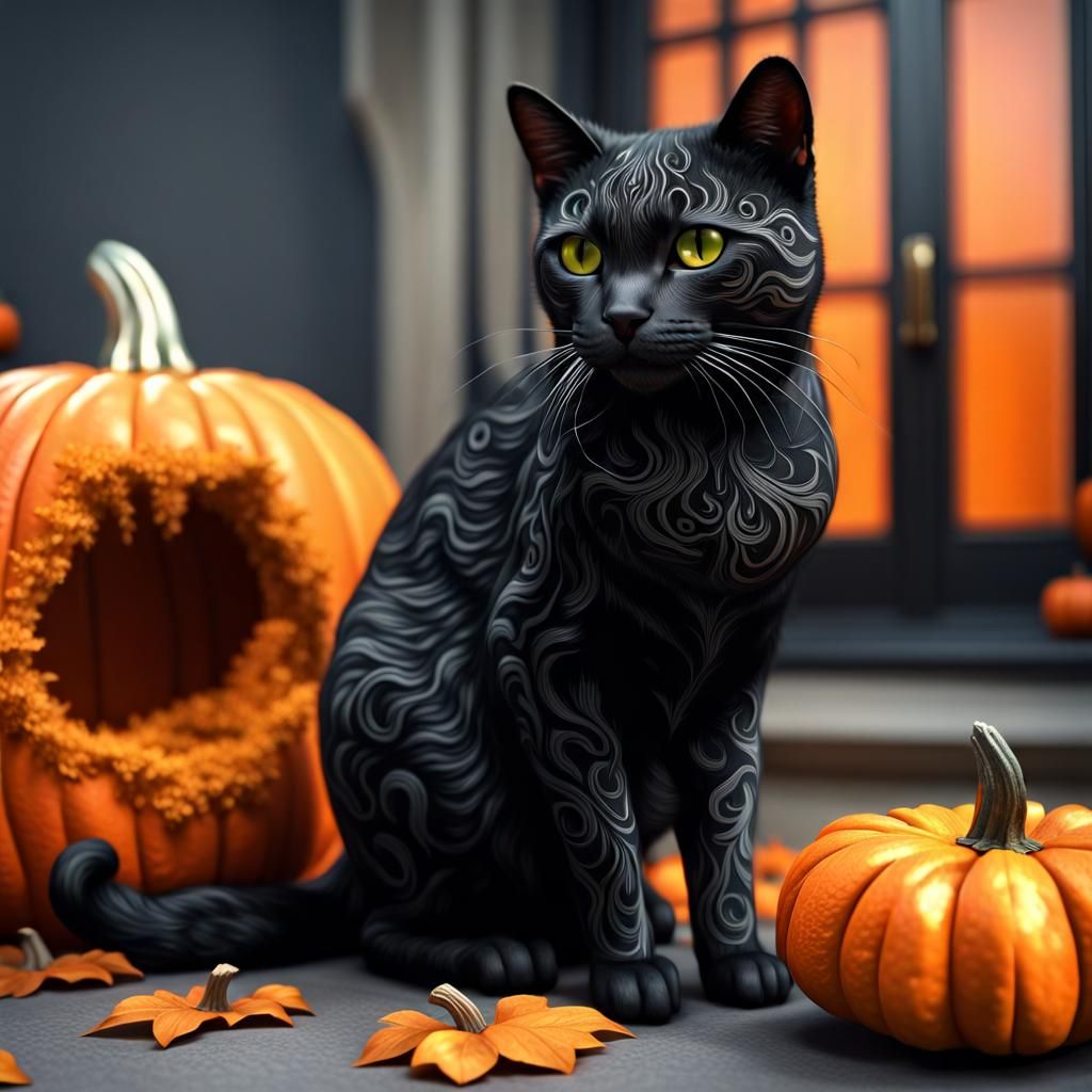 Lace Cat and Pumpkin in Photorealistic Detail