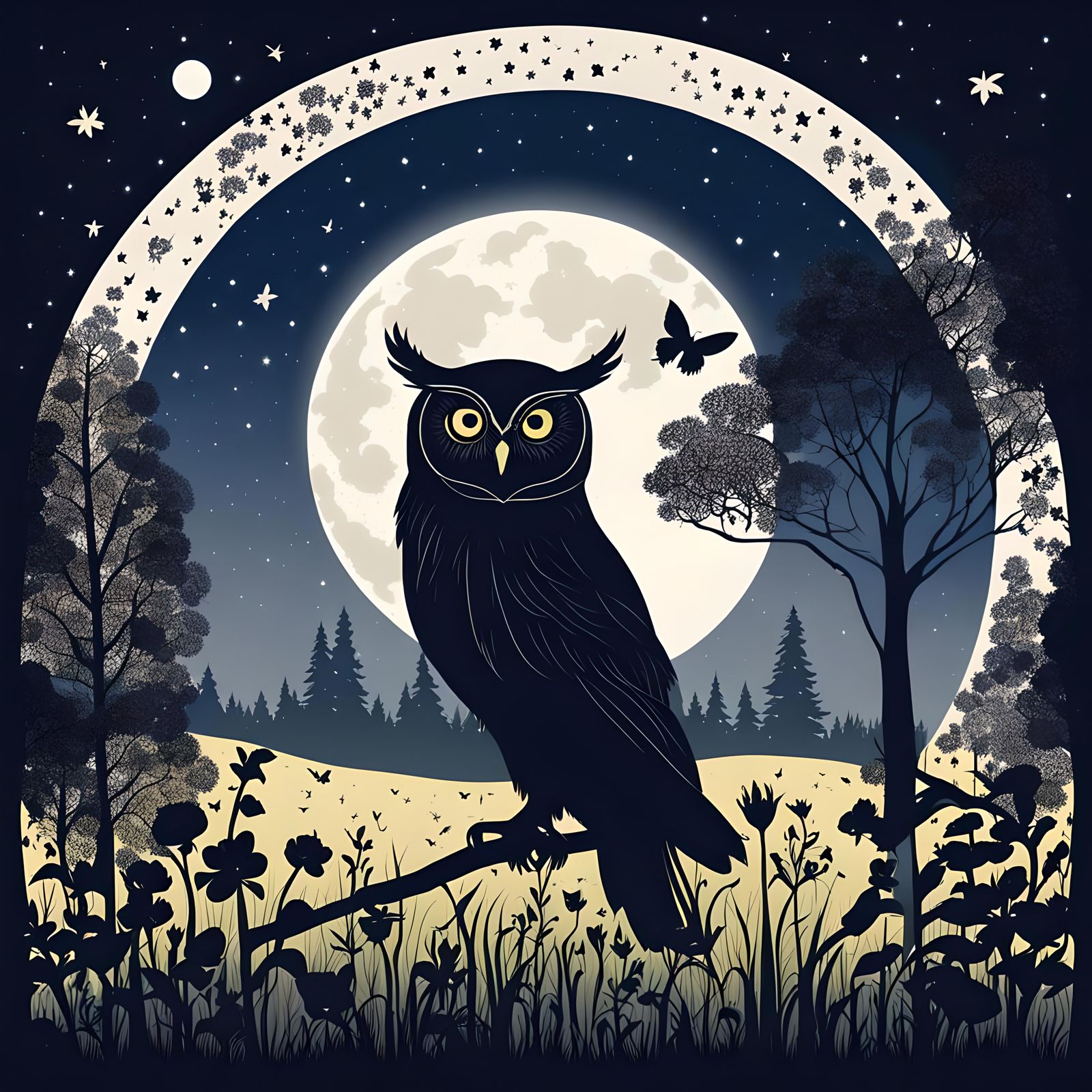 Moth in Moonlight Over Flower Meadow