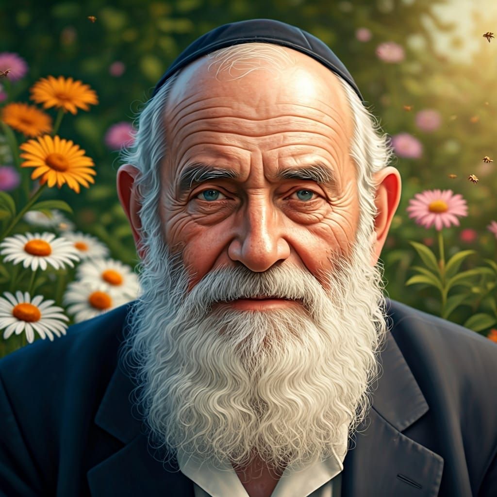 Photorealistic Portrait of Elderly Hasidic Man in Garden