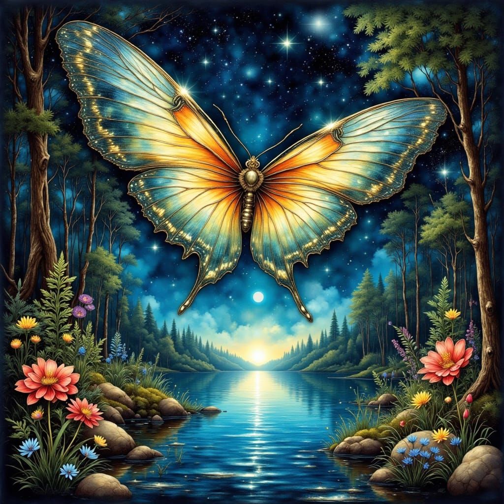 A dreamlike landscape where a giant, bioluminescent moth gra...