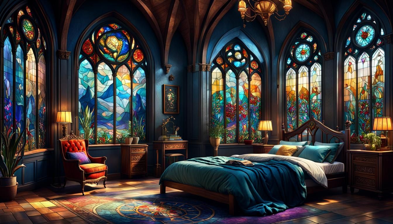 Stained-Glass Bedroom with Smiling Woman in Detailed Art