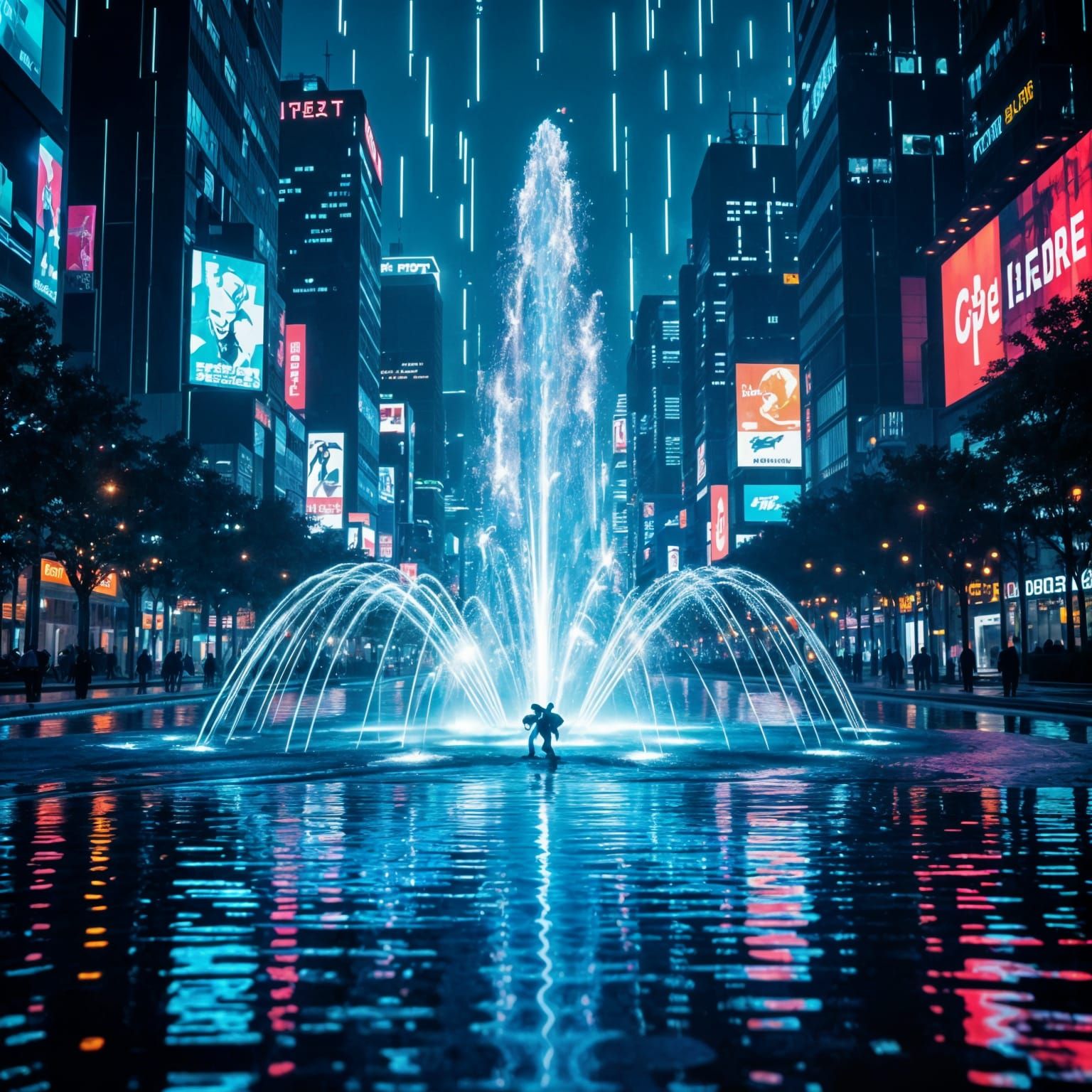 Neon Data Fountain in Cyberpunk Style