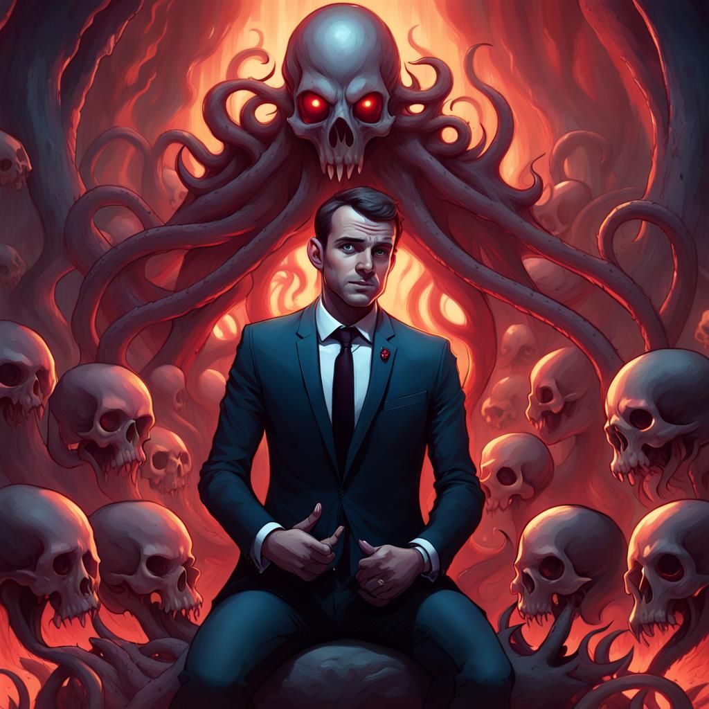 Macron Amid Skulls and Tentacles in Dark Comic Style
