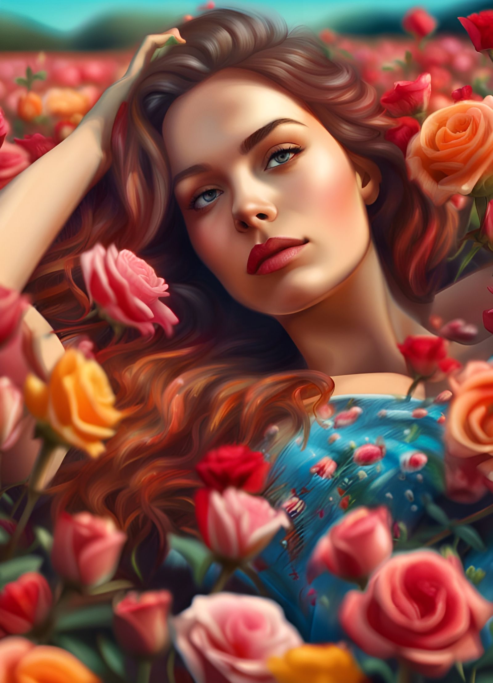 Beautiful Woman in Rose Field: Hyperrealistic Ultra HD