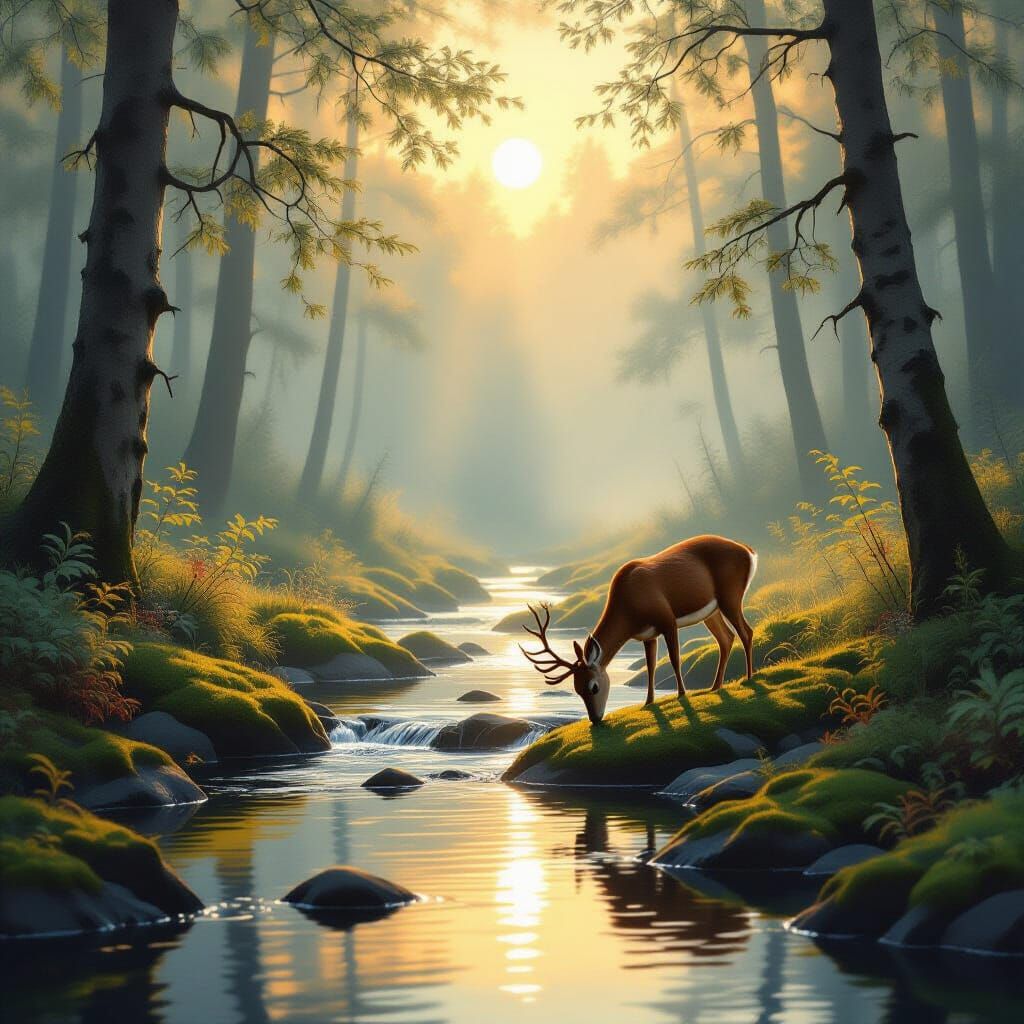 Tranquil Forest Clearing at Dawn with Deer