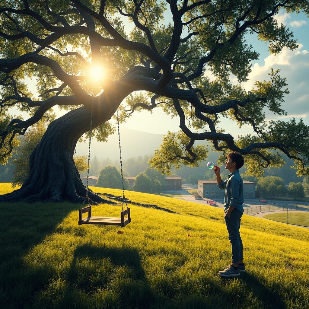 Serene Hillside Scene with Majestic Oak Tree and Worn Wooden...