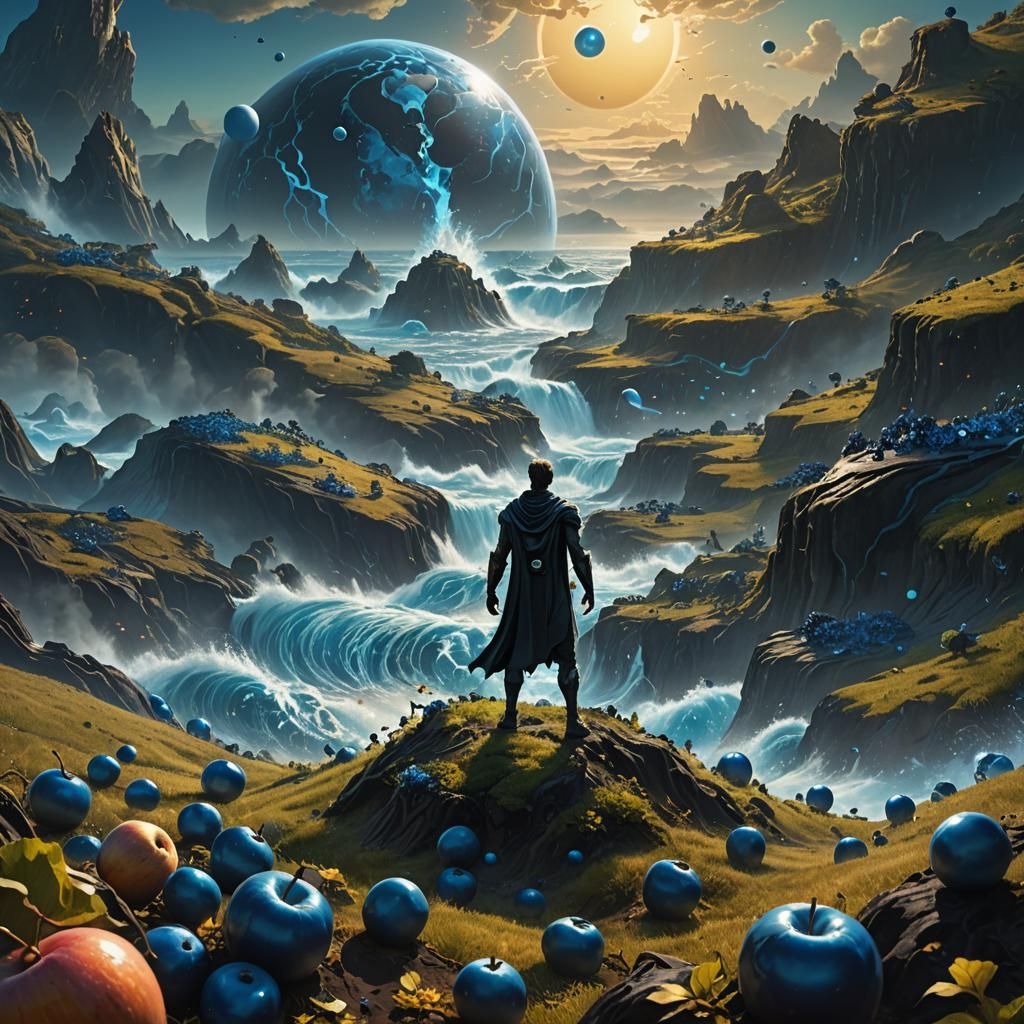 Hero Overlooks Dystopian Planet with Floating Blue Apples
