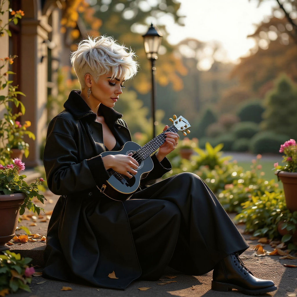 Woman Playing Ukulele in Autumn Garden