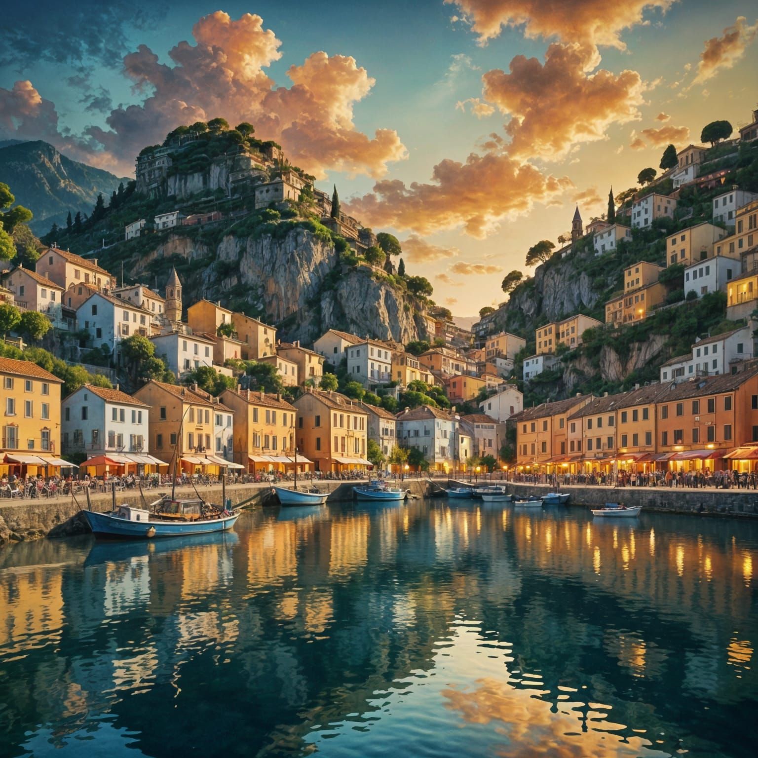 Watercolor Landscape with Charming Village on the Amalfi Coa...