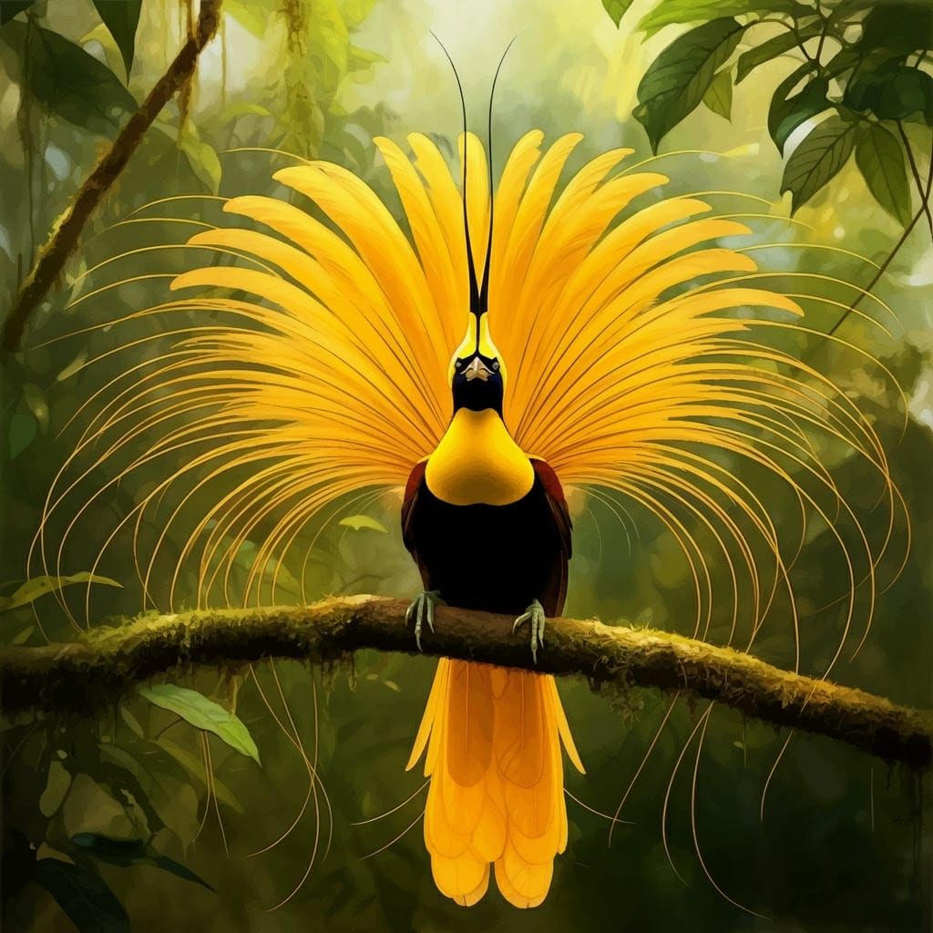 Majestic Golden Bird of Paradise in Vibrant Mating Display