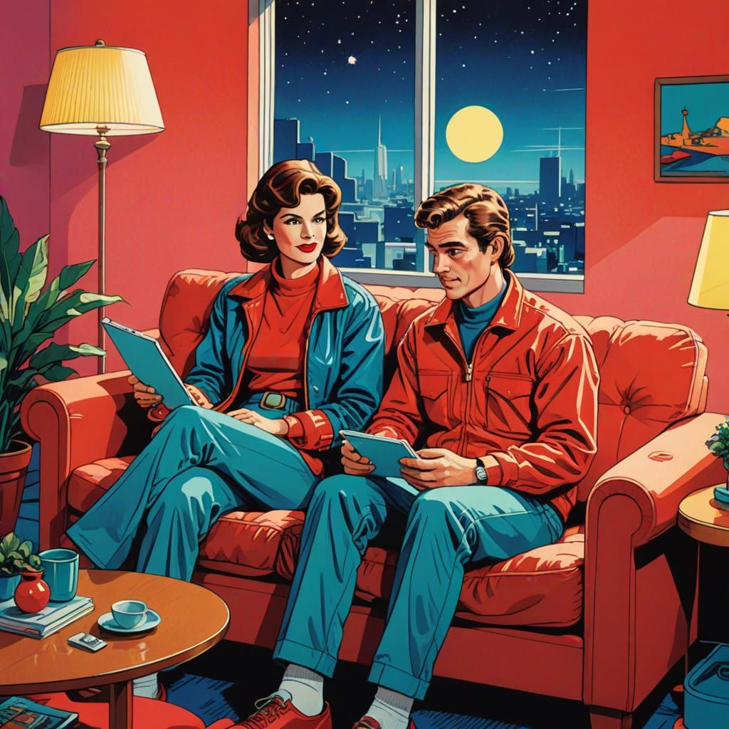 Couple in Retro 80s Illustration Style on Red Couch