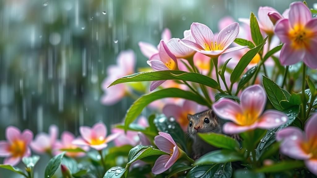 Spring Rainy Day: Blossoms, Raindrops and Awakening Fauna