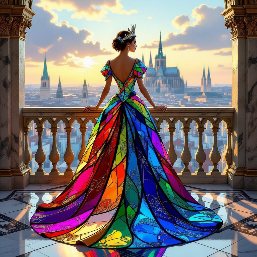 Regal Queen in Iridescent Stained Glass Gown