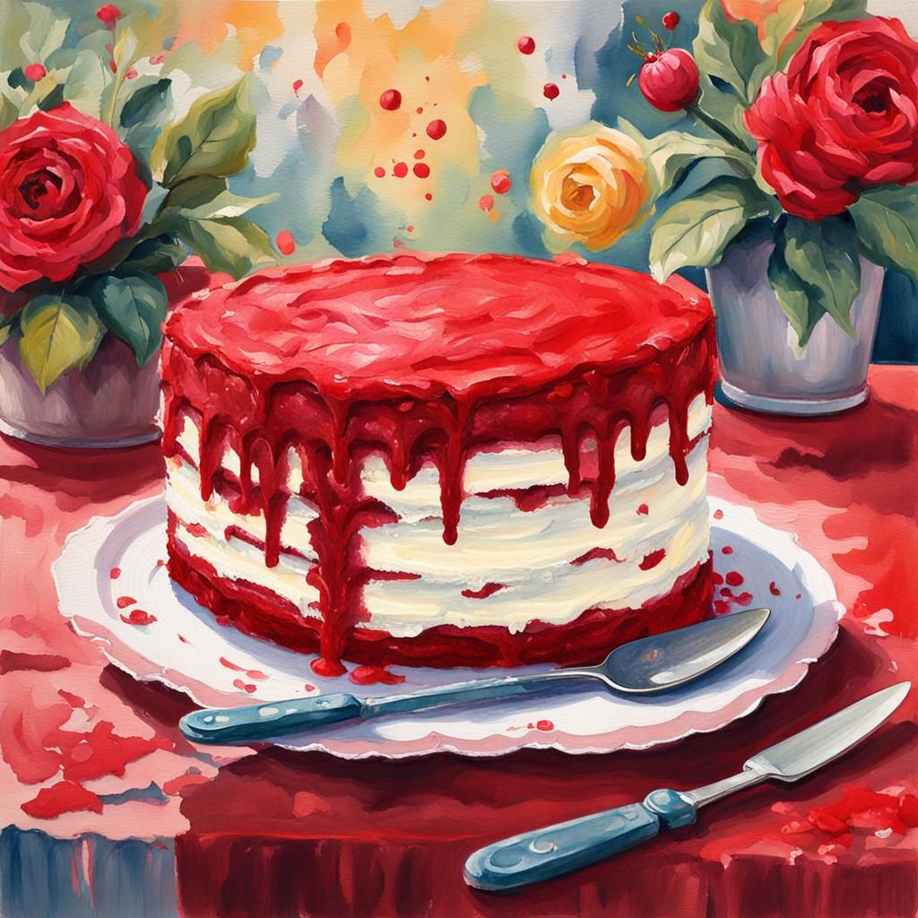 A Cat Red Velvet Cake in Gouache Style